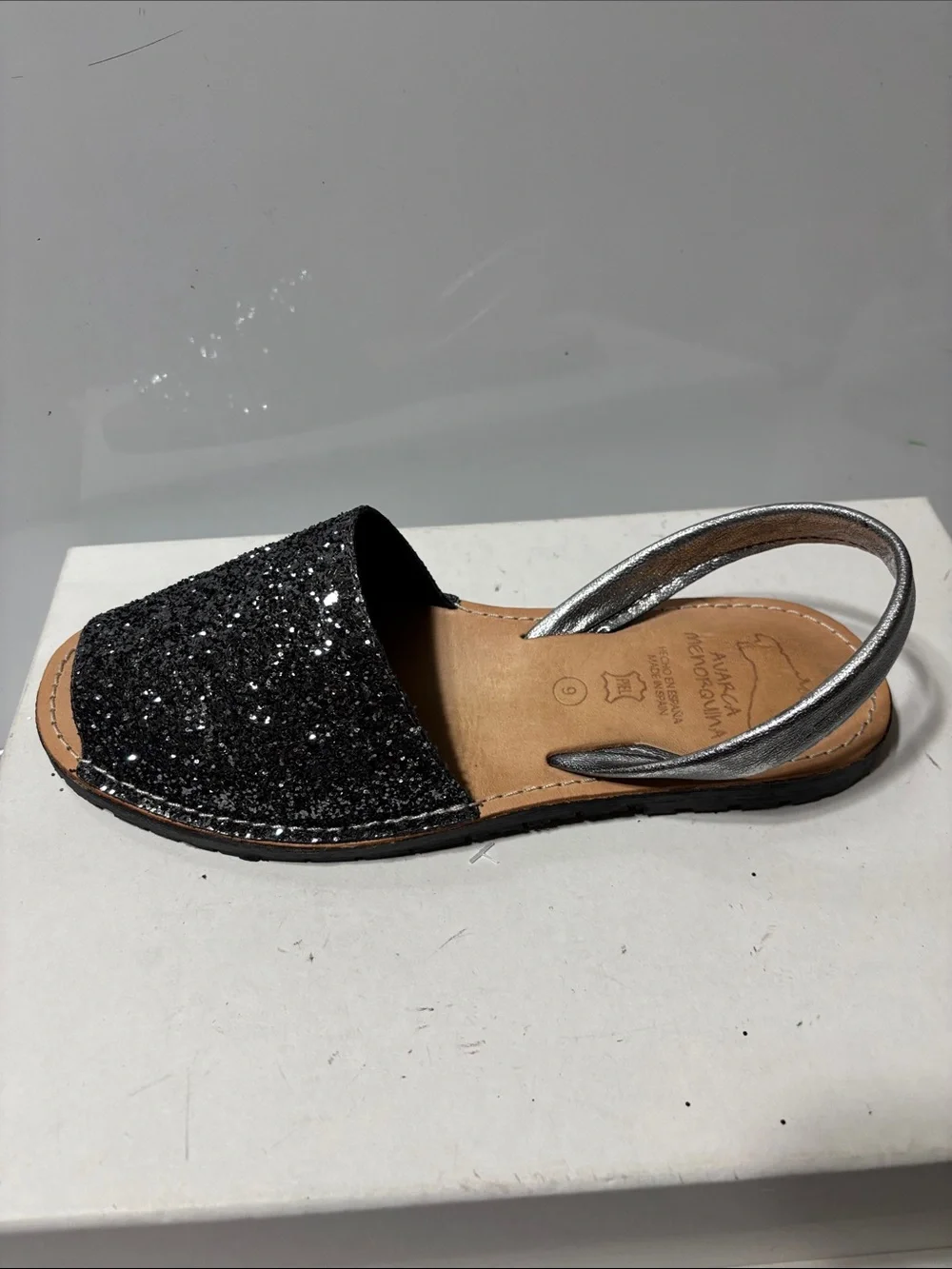 Women's Black Glitter Sandals with Silver Ankle Strap - Picture 5 of 6